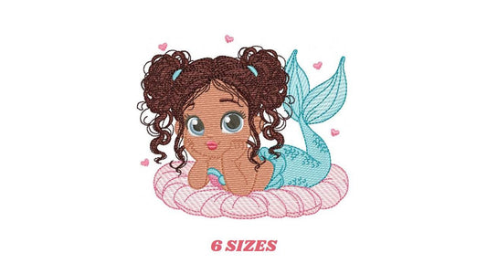 Mermaid with Curly hair embroidery designs - African American Princess machine embroidery pattern - Baby girl file - Instant download pes