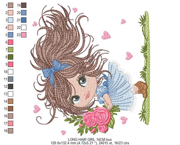 Girl with roses embroidery designs - Baby girl with long hair machine embroidery pattern - Toddler file - Instant digital download pes jef