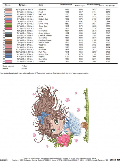 Girl with roses embroidery designs - Baby girl with long hair machine embroidery pattern - Toddler file - Instant digital download pes jef