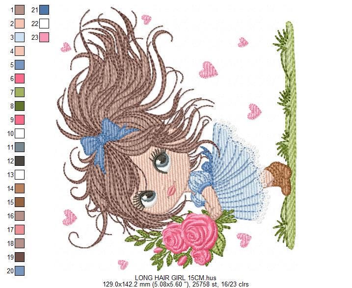 Girl with roses embroidery designs - Baby girl with long hair machine embroidery pattern - Toddler file - Instant digital download pes jef