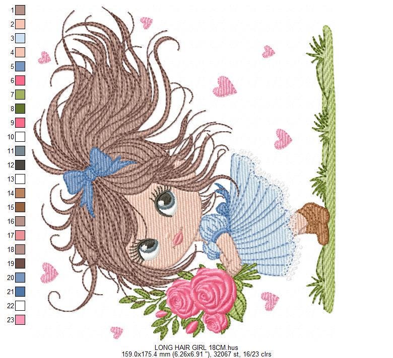 Girl with roses embroidery designs - Baby girl with long hair machine embroidery pattern - Toddler file - Instant digital download pes jef