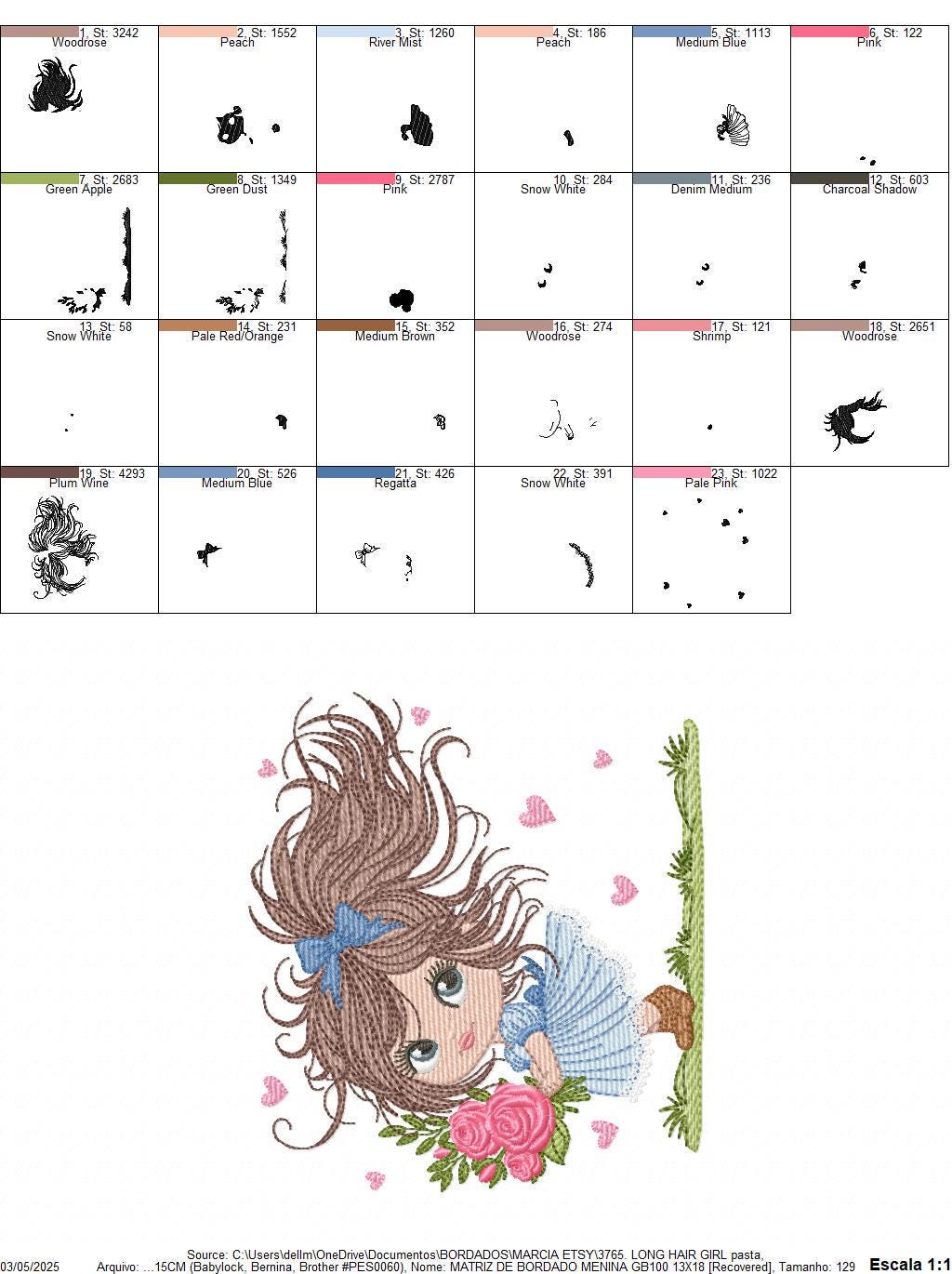 Girl with roses embroidery designs - Baby girl with long hair machine embroidery pattern - Toddler file - Instant digital download pes jef