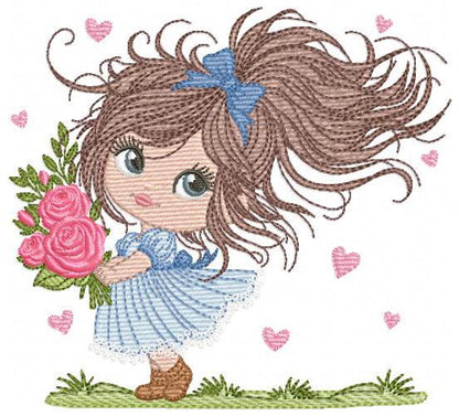 Girl with roses embroidery designs - Baby girl with long hair machine embroidery pattern - Toddler file - Instant digital download pes jef