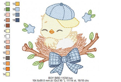 Bird embroidery designs - Baby boy bird with cap machine embroidery pattern - Spring Garden Nature - Instant download jef pes dst hus vp3