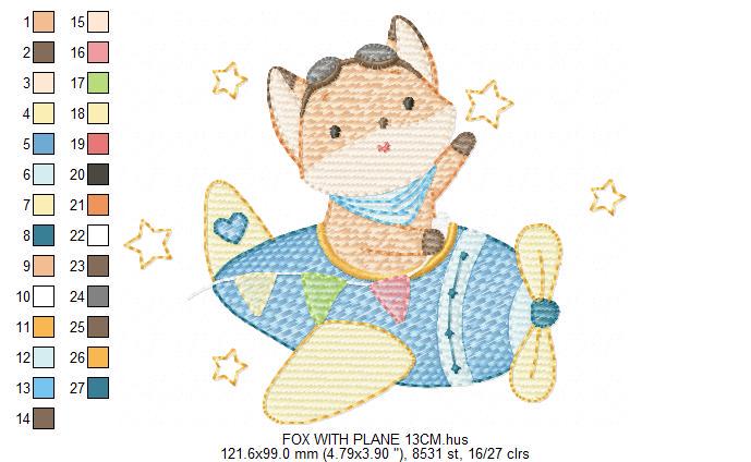 Airplane embroidery designs - Fox Pilot Aviator machine embroidery pattern - Baby Boy plane file - Instant digital download pes jef dst hus