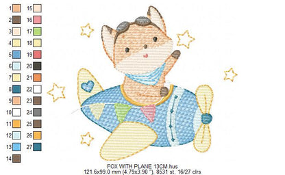 Airplane embroidery designs - Fox Pilot Aviator machine embroidery pattern - Baby Boy plane file - Instant digital download pes jef dst hus