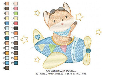 Airplane embroidery designs - Fox Pilot Aviator machine embroidery pattern - Baby Boy plane file - Instant digital download pes jef dst hus