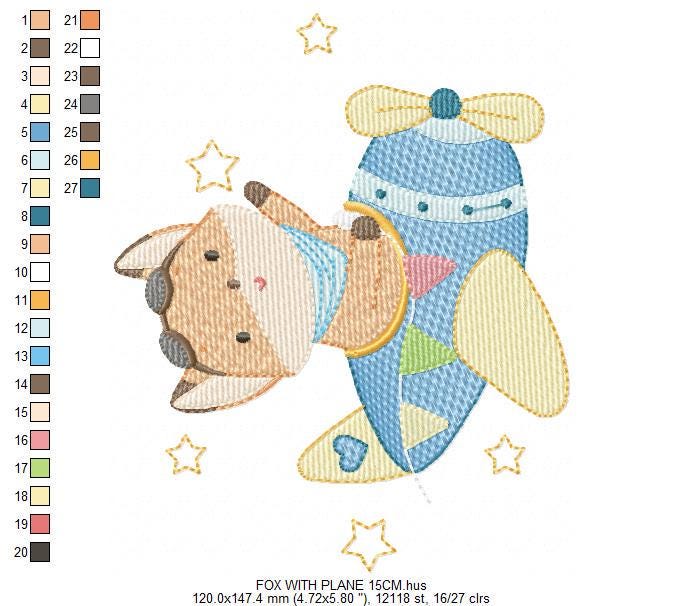 Airplane embroidery designs - Fox Pilot Aviator machine embroidery pattern - Baby Boy plane file - Instant digital download pes jef dst hus