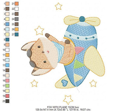 Airplane embroidery designs - Fox Pilot Aviator machine embroidery pattern - Baby Boy plane file - Instant digital download pes jef dst hus