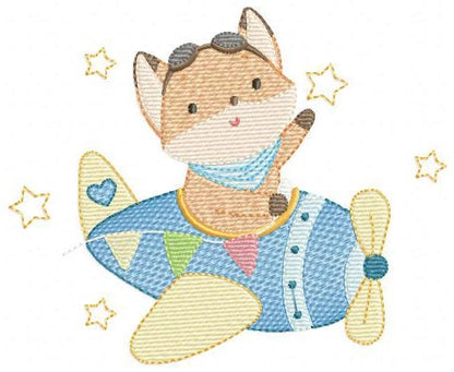Airplane embroidery designs - Fox Pilot Aviator machine embroidery pattern - Baby Boy plane file - Instant digital download pes jef dst hus