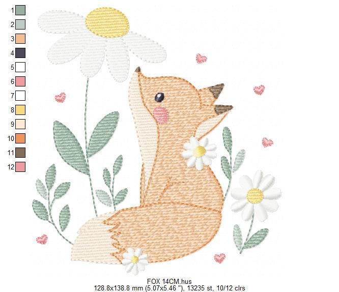 Fox with flowers embroidery designs - Woodland animal machine embroidery pattern - Baby girl and boy file - Instant download pes jef dst hus