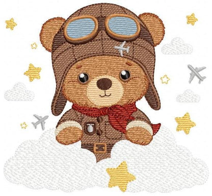 Pilot Bear embroidery designs - Plane with clouds and stars machine embroidery pattern - Aviator Teddy Bear baby boy file - instant download
