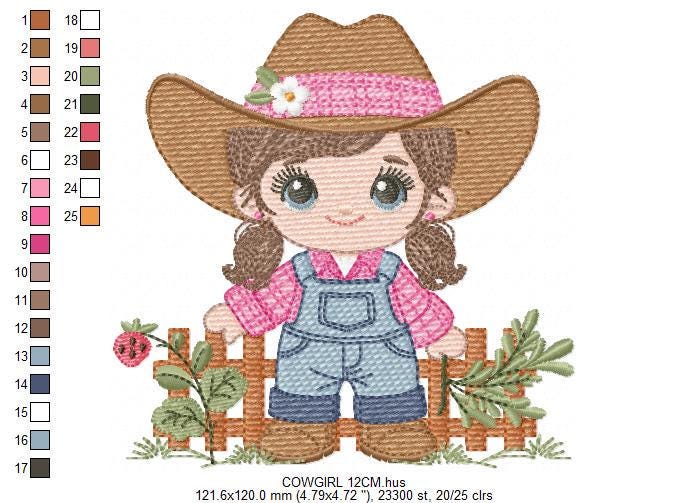Cowgirl embroidery designs - Cowboy with hat machine embroidery pattern - Baby Girl Farmer file - Instant digital download pes jef dst hus