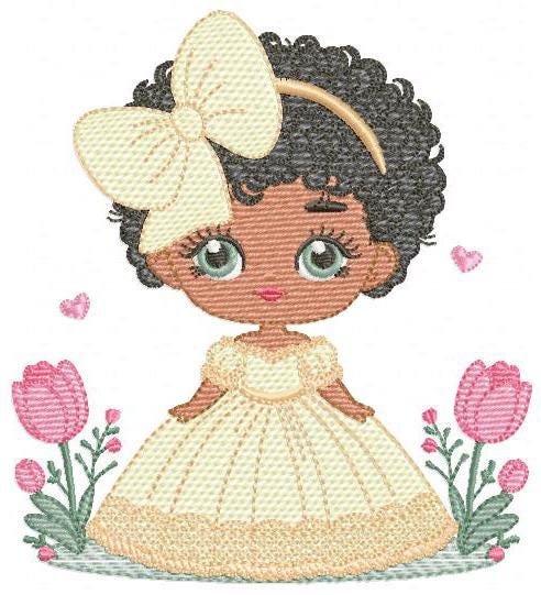 Girl with black curly afro hair embroidery designs - Princess with bow lace and flowers machine embroidery pattern - Instant download pes