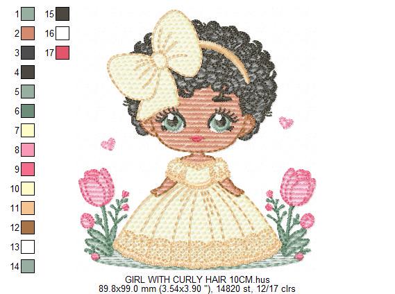 Girl with black curly afro hair embroidery designs - Princess with bow lace and flowers machine embroidery pattern - Instant download pes