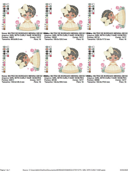 Girl with black curly afro hair embroidery designs - Princess with bow lace and flowers machine embroidery pattern - Instant download pes