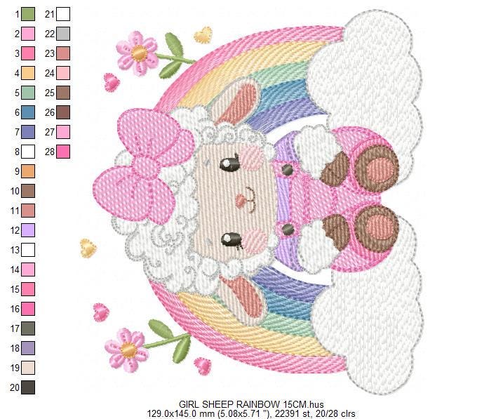 Sheep with rainbow embroidery design - Rainbow with flowers machine embroidery pattern - Baby girl newborn file - Instant download pes jef