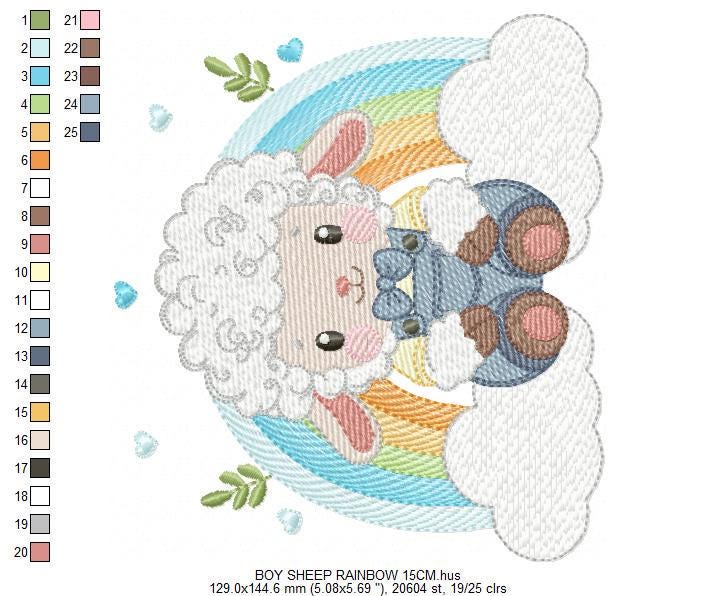 Sheep with rainbow embroidery design - Rainbow with flowers machine embroidery pattern - Newborn Baby boy file - Instant download pes jef