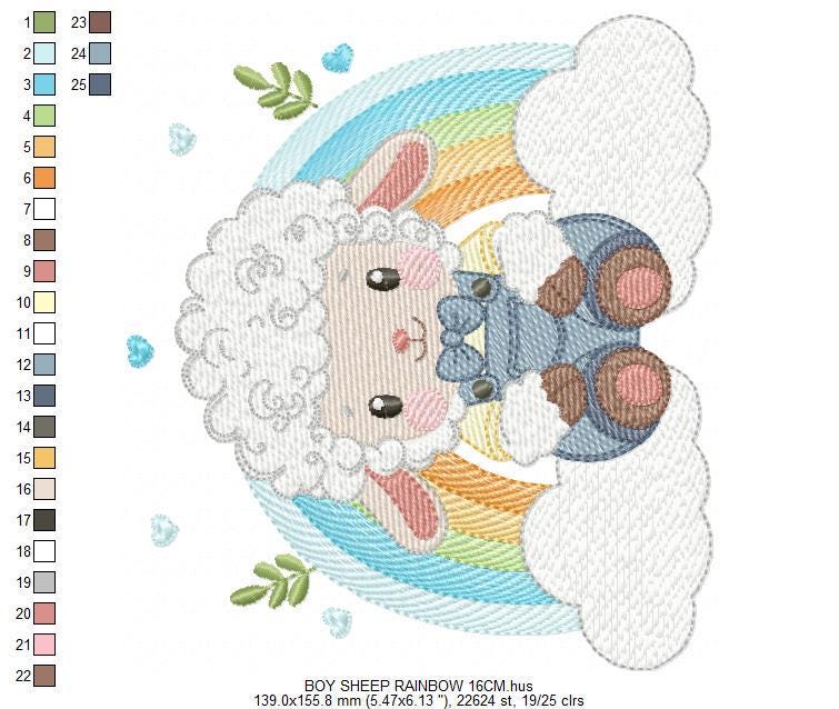 Sheep with rainbow embroidery design - Rainbow with flowers machine embroidery pattern - Newborn Baby boy file - Instant download pes jef