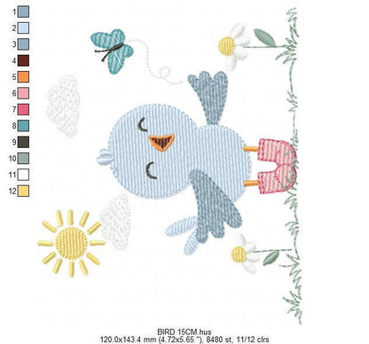 Singing Bird embroidery designs - Baby Boy Animal with sun and boots machine embroidery pattern - Instant digital download pes jef dst hus