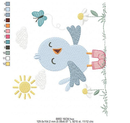 Singing Bird embroidery designs - Baby Boy Animal with sun and boots machine embroidery pattern - Instant digital download pes jef dst hus