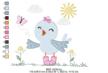 Singing Bird embroidery designs - Baby Girl Animal with sun and boots machine embroidery pattern - Instant digital download pes jef dst hus