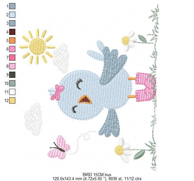 Singing Bird embroidery designs - Baby Girl Animal with sun and boots machine embroidery pattern - Instant digital download pes jef dst hus