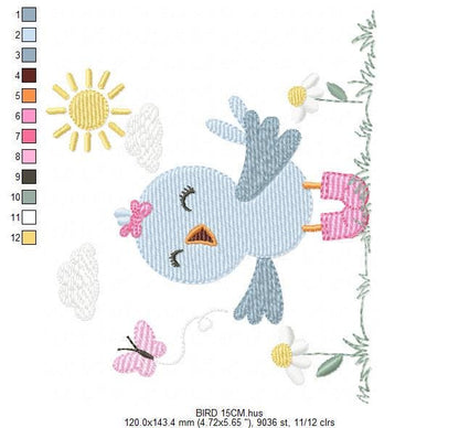 Singing Bird embroidery designs - Baby Girl Animal with sun and boots machine embroidery pattern - Instant digital download pes jef dst hus