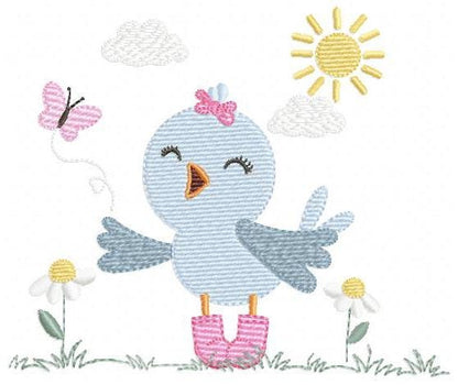 Singing Bird embroidery designs - Baby Girl Animal with sun and boots machine embroidery pattern - Instant digital download pes jef dst hus