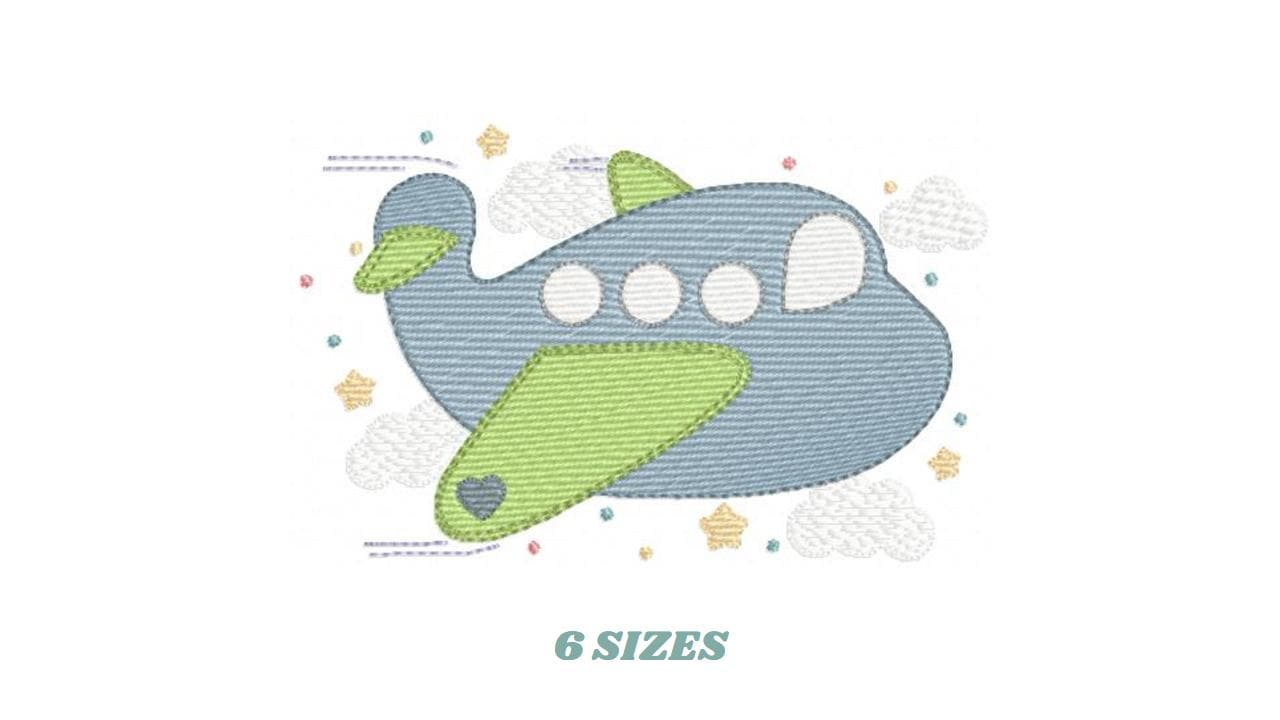 Plane embroidery designs - Airplane with clouds and stars machine embroidery pattern - Vehicle Sky Baby boy file - Instant download pes jef
