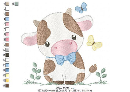 Cow embroidery design - Farm Animal with bow tie and butterflies machine embroidery pattern - Farm Baby Boy file - Instant download pes jef