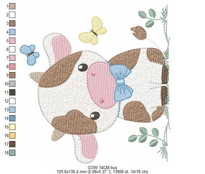 Cow embroidery design - Farm Animal with bow tie and butterflies machine embroidery pattern - Farm Baby Boy file - Instant download pes jef
