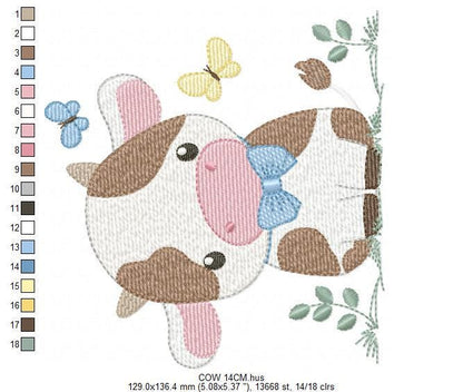 Cow embroidery design - Farm Animal with bow tie and butterflies machine embroidery pattern - Farm Baby Boy file - Instant download pes jef