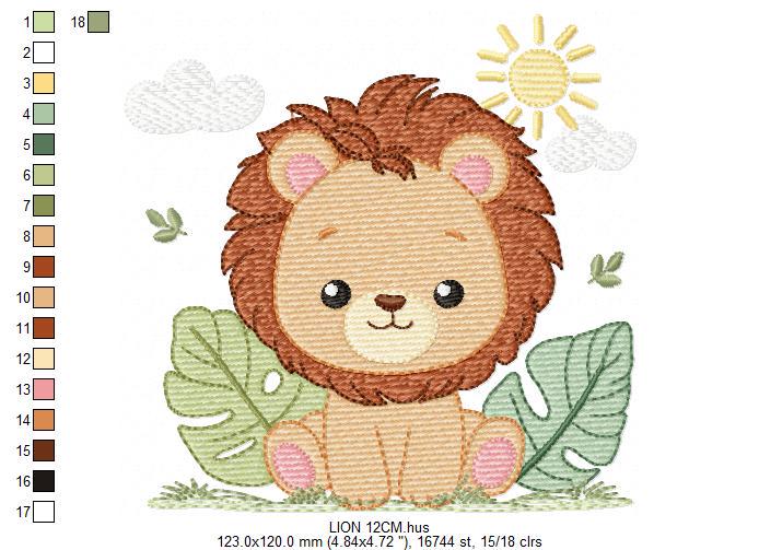 Lion embroidery designs - Safari wild animal machine embroidery pattern - Baby boy file - Lion King with tropical plants - Instant download