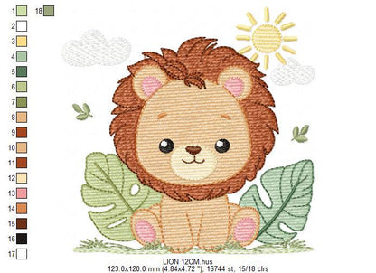 Lion embroidery designs - Safari wild animal machine embroidery pattern - Baby boy file - Lion King with tropical plants - Instant download