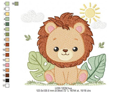 Lion embroidery designs - Safari wild animal machine embroidery pattern - Baby boy file - Lion King with tropical plants - Instant download