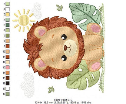Lion embroidery designs - Safari wild animal machine embroidery pattern - Baby boy file - Lion King with tropical plants - Instant download