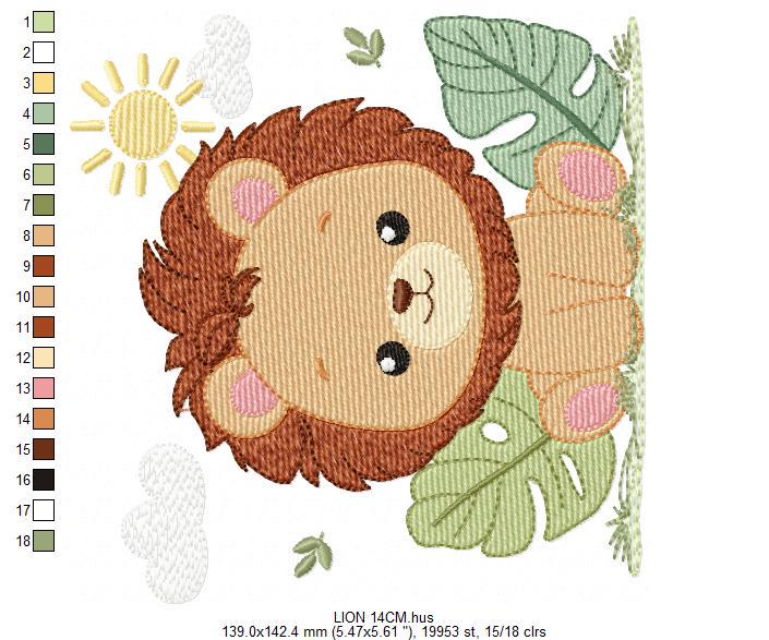 Lion embroidery designs - Safari wild animal machine embroidery pattern - Baby boy file - Lion King with tropical plants - Instant download