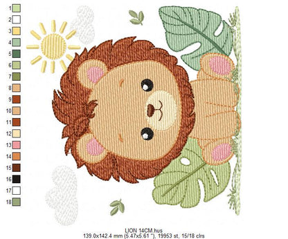 Lion embroidery designs - Safari wild animal machine embroidery pattern - Baby boy file - Lion King with tropical plants - Instant download