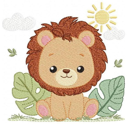 Lion embroidery designs - Safari wild animal machine embroidery pattern - Baby boy file - Lion King with tropical plants - Instant download