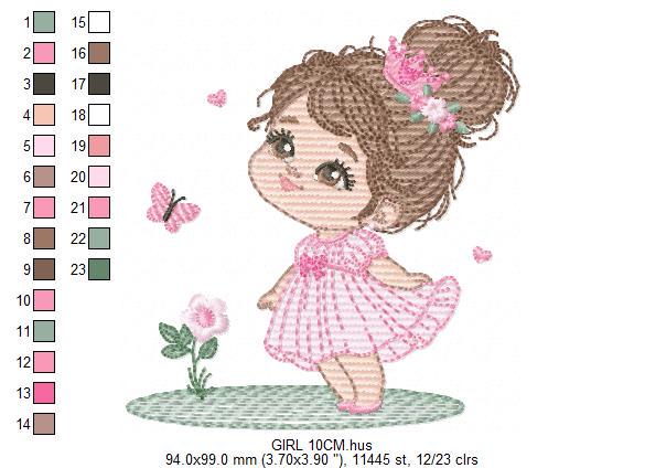 Princess with crown embroidery designs - Baby Girl with pink dress machine embroidery pattern - Girl with flowers - Instant download pes jef