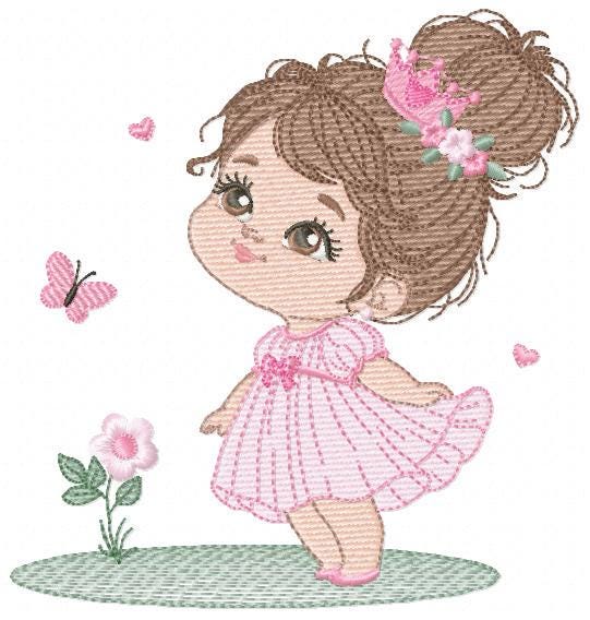 Princess with crown embroidery designs - Baby Girl with pink dress machine embroidery pattern - Girl with flowers - Instant download pes jef