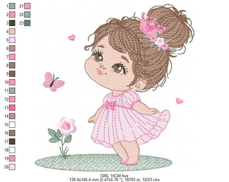 Princess with crown embroidery designs - Baby Girl with pink dress machine embroidery pattern - Girl with flowers - Instant download pes jef