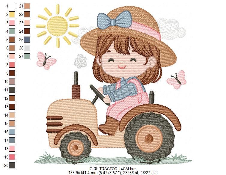 Farmer Girl with tractor and hat embroidery designs - Farmer machine embroidery pattern - Tractor Girl file - Instant digital download pes