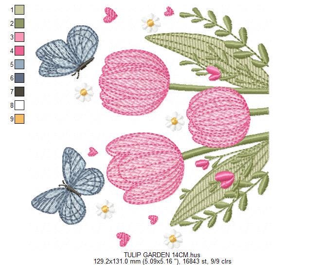 Tulip garden embroidery designs - Flowers with butterflies machine embroidery pattern - Kitchen tea towel file - instant download pes dst