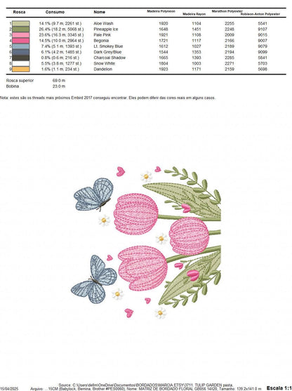 Tulip garden embroidery designs - Flowers with butterflies machine embroidery pattern - Kitchen tea towel file - instant download pes dst