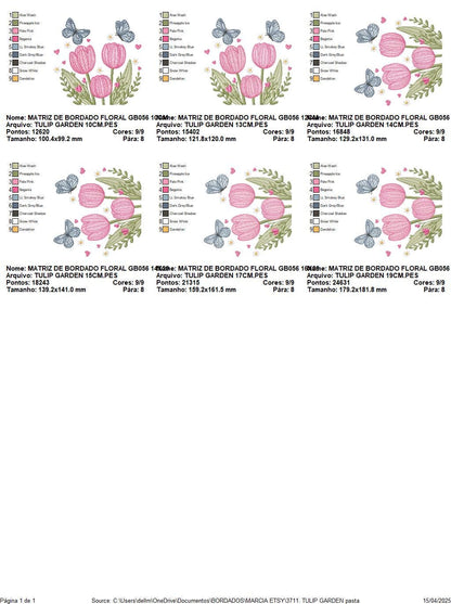 Tulip garden embroidery designs - Flowers with butterflies machine embroidery pattern - Kitchen tea towel file - instant download pes dst