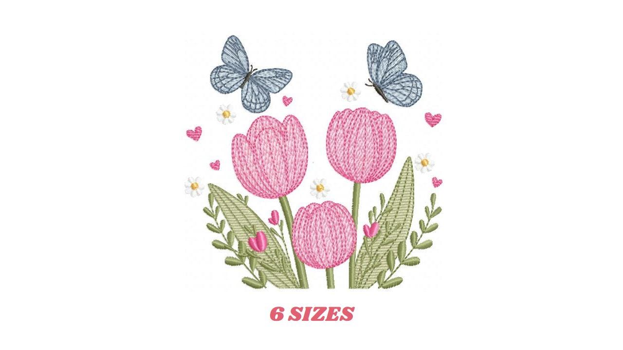Tulip garden embroidery designs - Flowers with butterflies machine embroidery pattern - Kitchen tea towel file - instant download pes dst