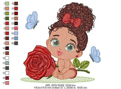 Baby Girl with Black Curly Long Hair embroidery designs - Girl with lace and rose machine embroidery pattern - Instant download pes jef