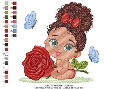 Baby Girl with Black Curly Long Hair embroidery designs - Girl with lace and rose machine embroidery pattern - Instant download pes jef